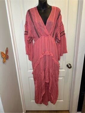 IRO OPSEY Pink Ruffle High-Low Maxi Dress empire waist bell sleeve 36